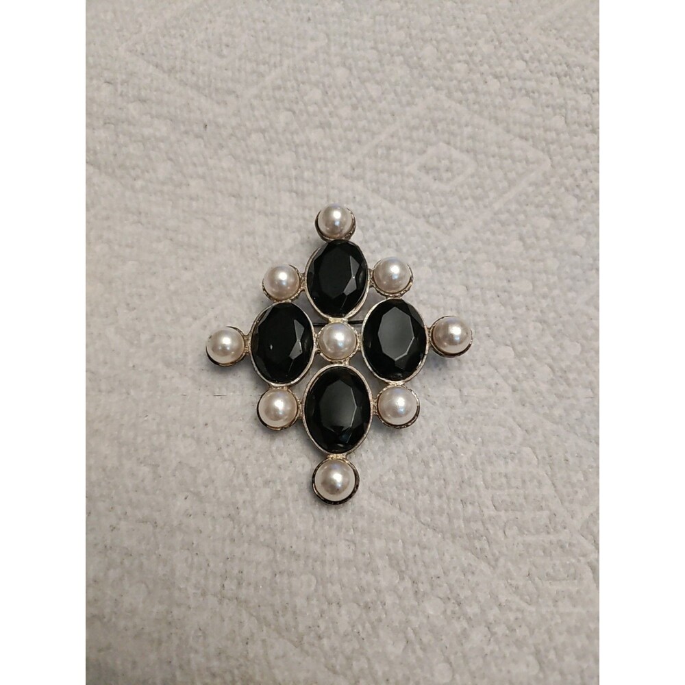 Silver Tone Acrylic Black & White Brooch Vintage 2.5" X 2.25"